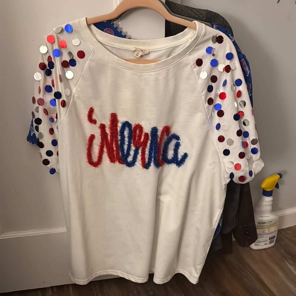 White Sequin Sleeve 'Merica Top - July 4th